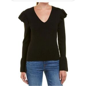 Parker Sweater Black Ruffle Shoulder Long Bell‎ Sleeve V-Neck Size Medium